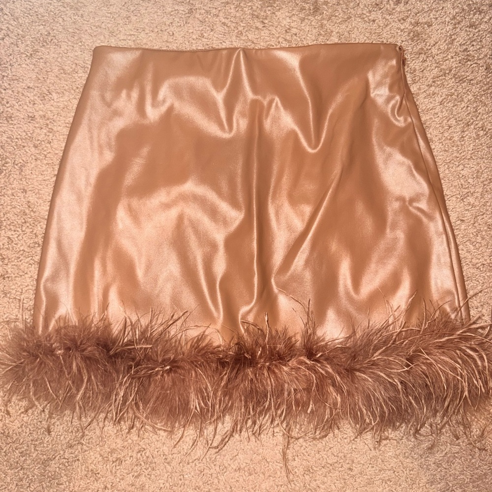 Pink Lily Tan Feather-Trimmed Mini Skirt